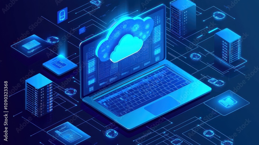 Poster A digital representation of cloud computing with a laptop and data servers.