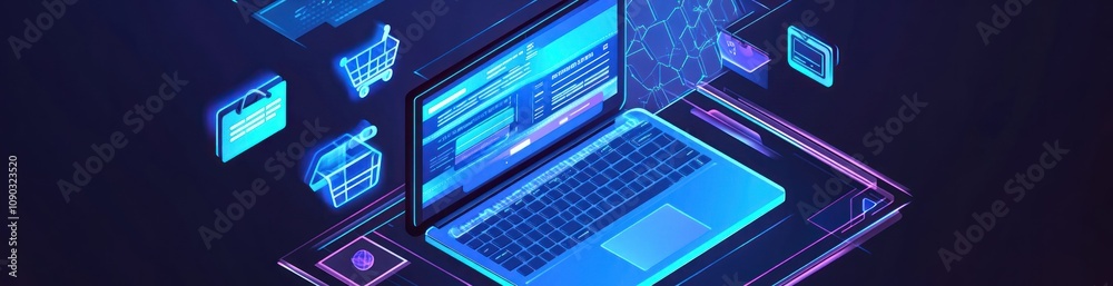 Poster a digital laptop surrounded by floating icons representing technology and online activities.