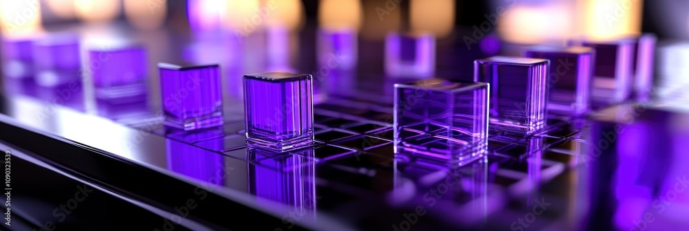 Poster a close-up of a modern board game with transparent purple pieces on a sleek surface.