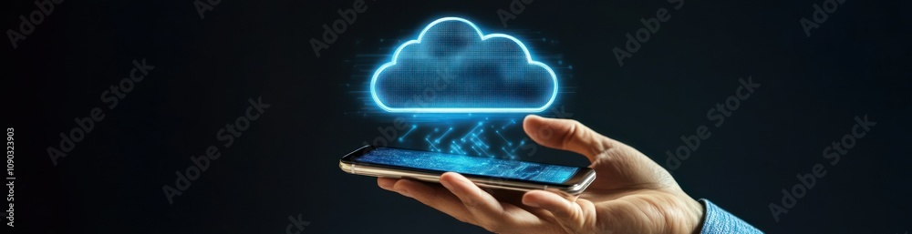 Poster a hand holding a smartphone with a digital cloud symbol above it, representing cloud technology.