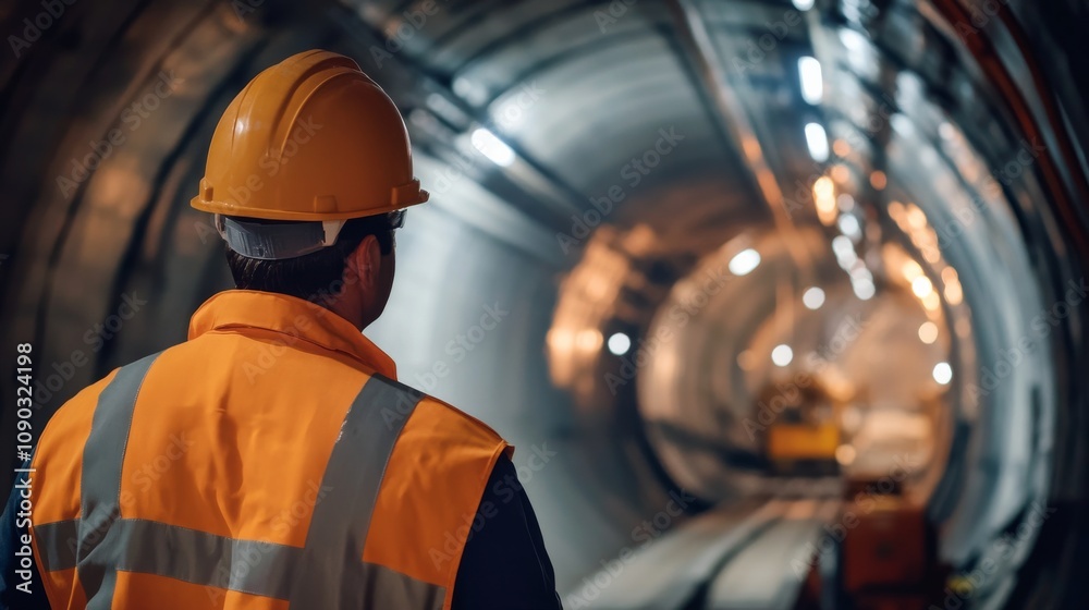 Poster a detailed portrait of a tunnel engineer overseeing tunnel boring machine operations underground, tu