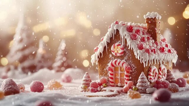 A gingerbread house with a decorated Christmas tree beside it and snow-covered ground, with clear copy space. 4k UHD
