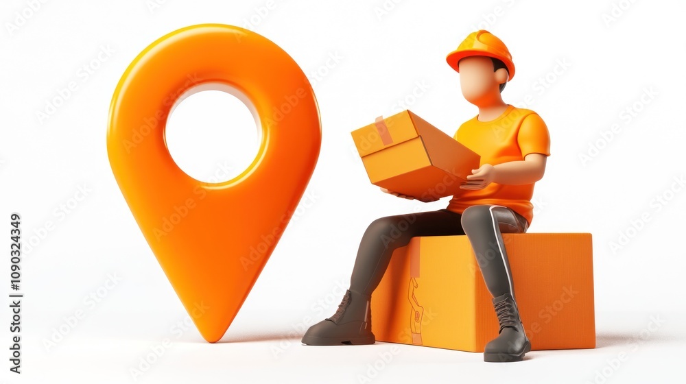 Poster A 3D illustration of a worker with a package next to a location pin symbolizing delivery services.