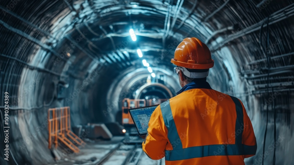 Poster a detailed portrait of a tunnel engineer overseeing tunnel boring machine operations underground, tu