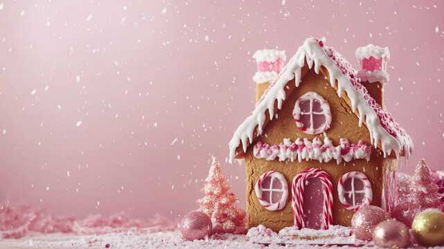 A gingerbread house with a decorated Christmas tree beside it and snow-covered ground, with clear copy space. 4k UHD