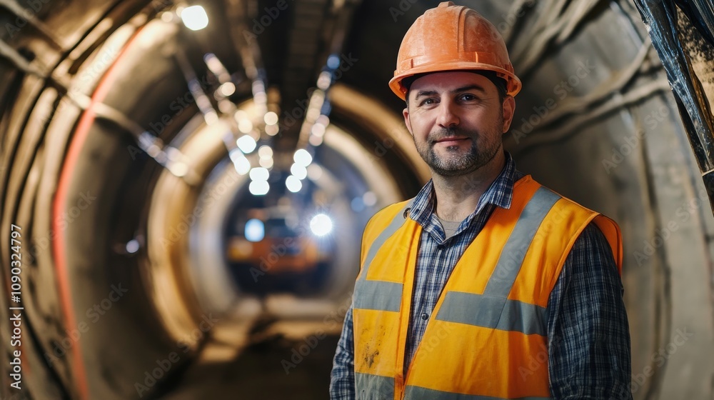 Poster a detailed portrait of a tunnel engineer overseeing tunnel excavation using a tunnel boring machine 