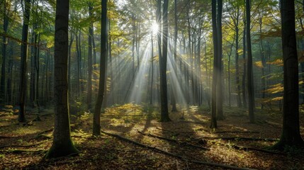 Fototapeta premium Serene Forest with Sunlight Filtering Through Trees