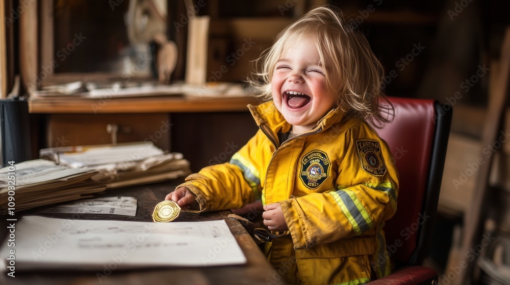 Poster a joyful child in a firefighter's jacket, laughing while sitting at a desk with papers.