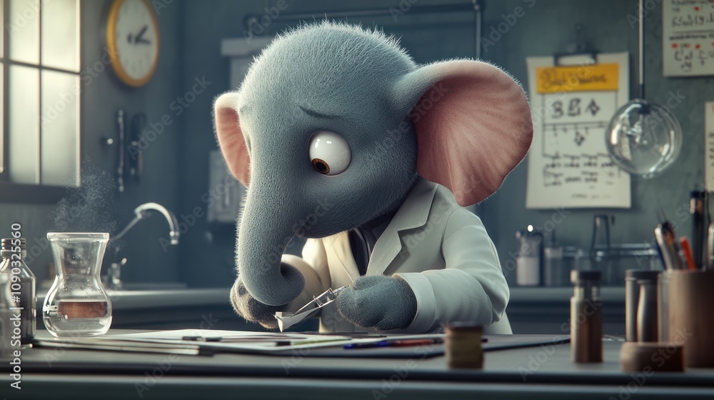 Poster a cartoon elephant in a lab coat examines a specimen under a microscope in a scientific setting.