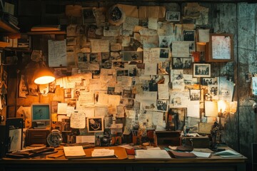 A wall covered in photos and notes, with the desk of a detective office illuminated by warm light.