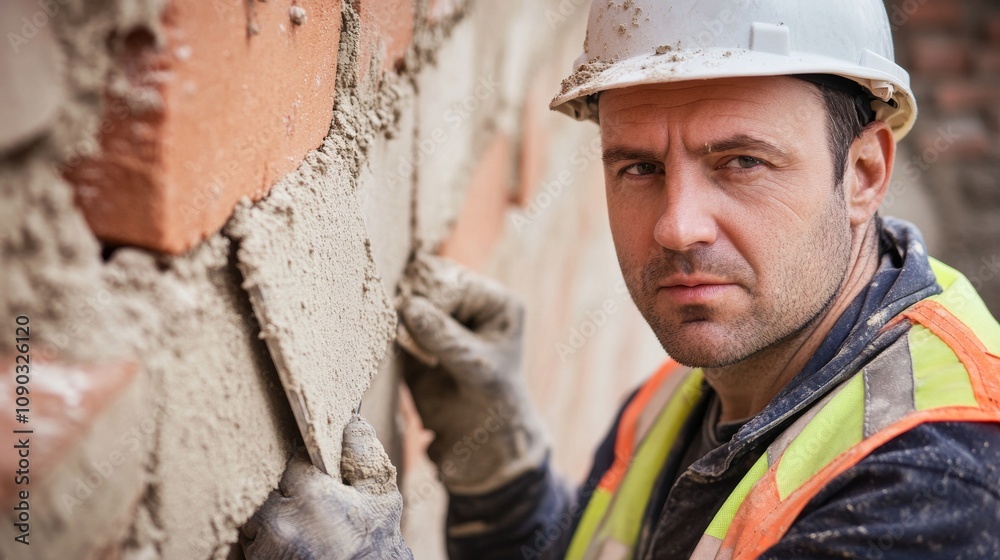 Poster a detailed view of a bricklayer in a hard hat and safety vest, holding a trowel and looking directly