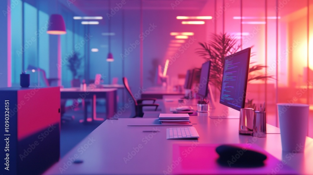 Poster A modern office space with glowing lights and computers, designed for productivity.