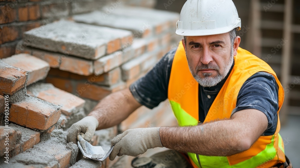 Poster a detailed view of a bricklayer in a hard hat and safety vest, holding a trowel and looking directly