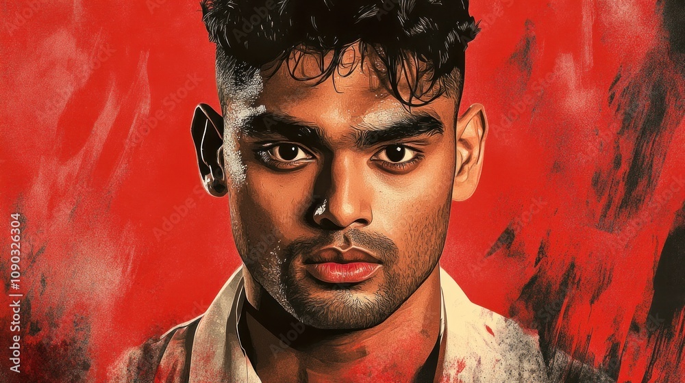 Aufkleber a striking portrait of a man with intense expression against a bold red background.