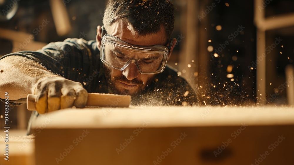Poster A detailed view of a carpenter wearing safety goggles and holding a chisel, with a background of wooden planks and sawdust, Carpentry workshop scene