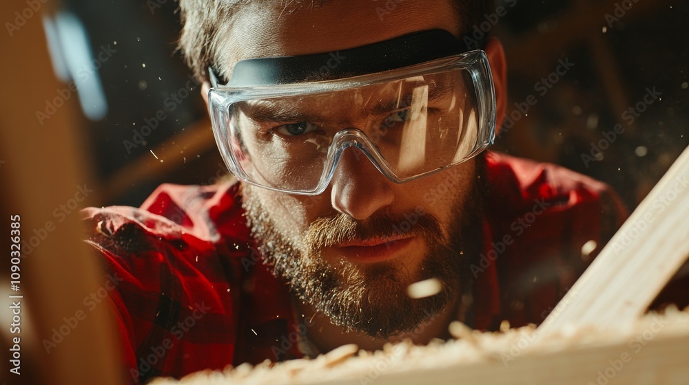 Poster a detailed view of a carpenter wearing safety goggles and holding a chisel, with a background of woo