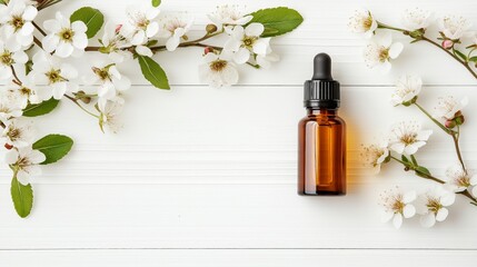 A delicate amber dropper bottle rests on a pristine wooden surface, surrounded by blooming white flowers and lush green leaves, exuding an essence of purity and natural wellness.