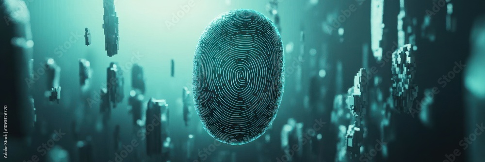 Poster A digital representation of a fingerprint amidst abstract structures.