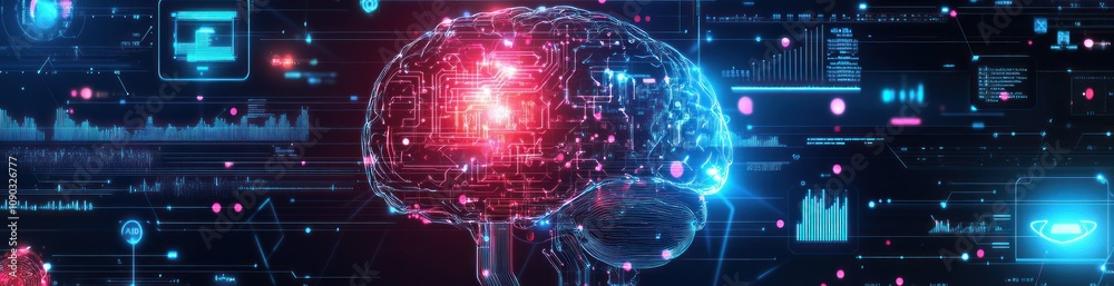 Poster A digital illustration of a brain surrounded by data visualizations and technology elements.
