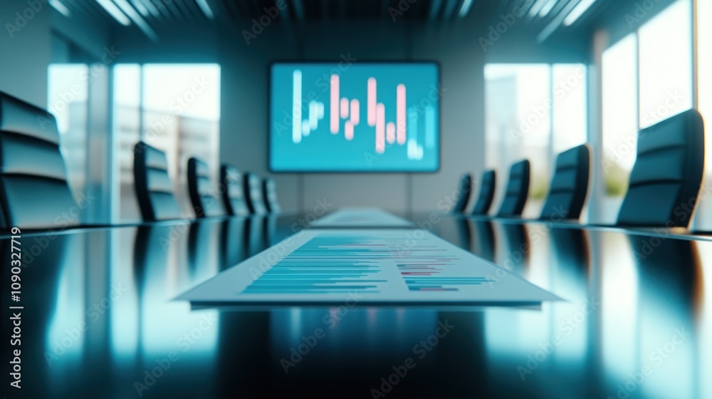 Aufkleber conference room with a presentation screen and documents on the table.