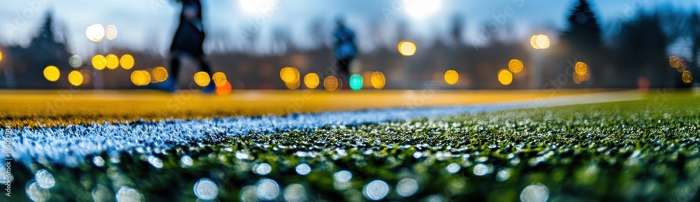 Poster a close-up view of a sports field with blurred figures in the background under evening lights.
