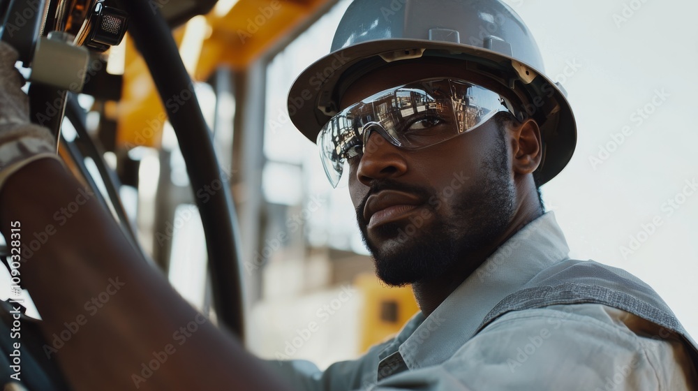 Poster a detailed view of a construction worker in a gray hard hat and protective eyewear, operating a cran
