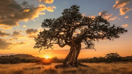 Fototapeta premium Majestic Tree Against a Vibrant Sunset Sky