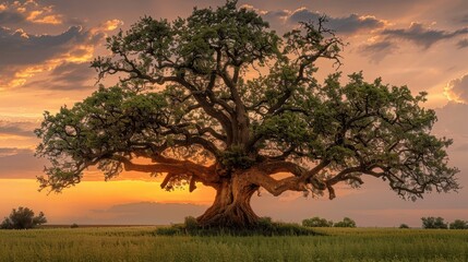 Fototapeta premium Majestic Oak Tree at Sunset in Scenic Landscape