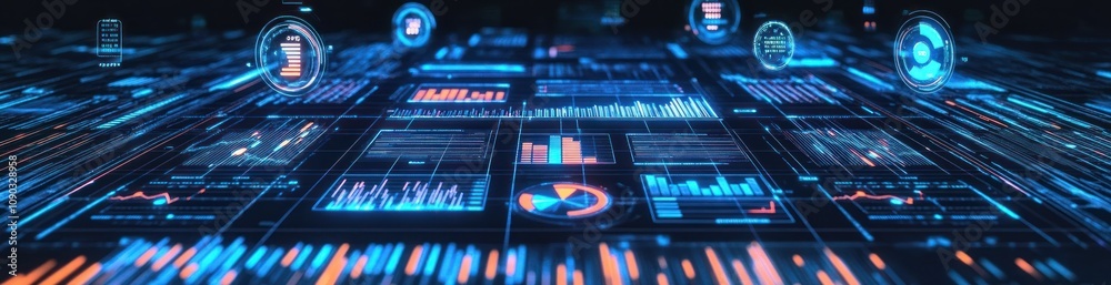 Fototapete A futuristic digital interface displaying data and analytics in a high-tech environment.