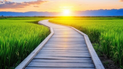 Fototapeta premium Serene Wooden Pathway Through Lush Green Rice Fields Under a Golden Sunrise with Majestic Mountains in the Background Emphasizing Natural Beauty and Tranquility