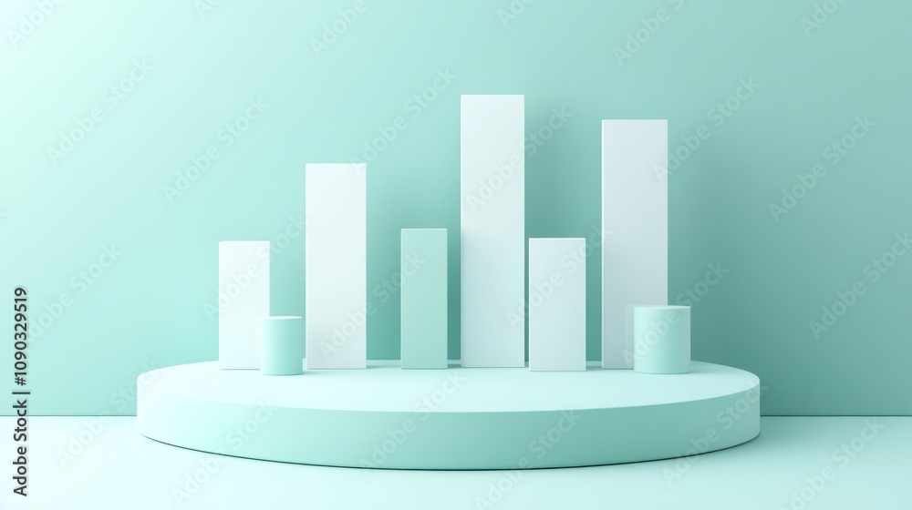 Fototapete minimalist bar graph on a circular platform against a soft teal background.