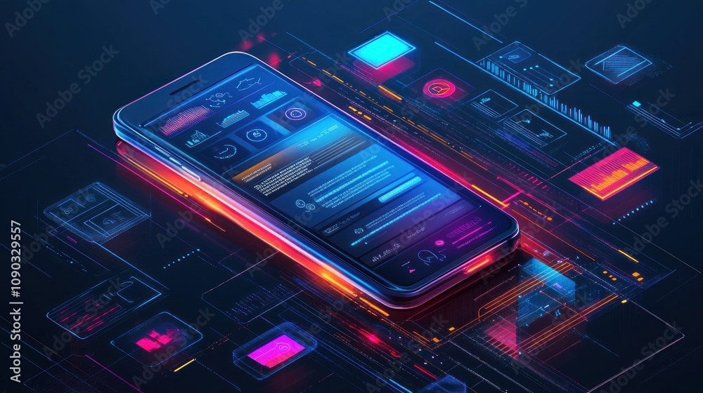 Poster A futuristic smartphone surrounded by digital interface elements and glowing graphics.