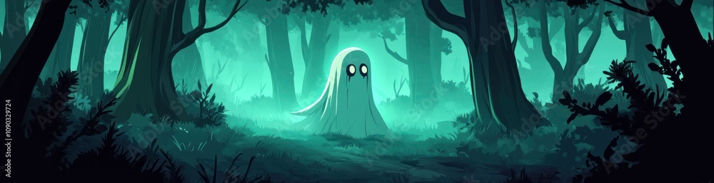 Poster a whimsical ghost in a misty forest, creating an eerie yet enchanting atmosphere.