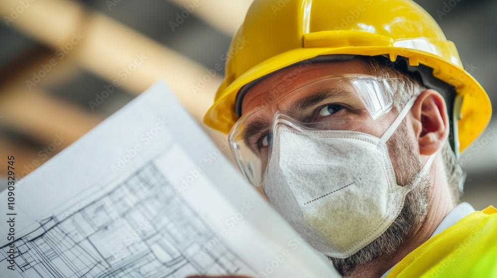 Poster a detailed view of a construction worker in a yellow hard hat and work boots, handling a constructio