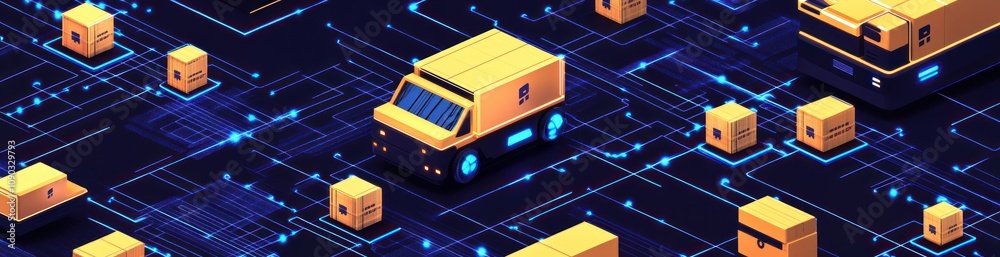 Poster an abstract illustration of delivery vans and packages on a digital grid.