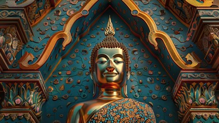 Fototapeta premium Serene Golden Buddha Amidst Colorful Patterns