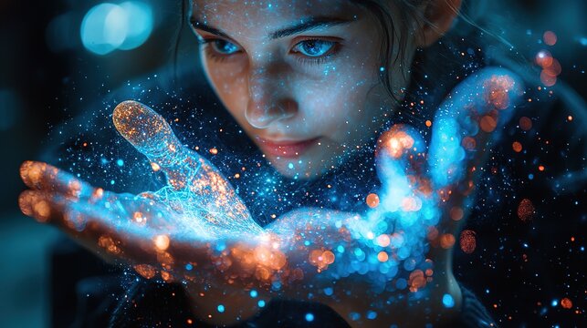 Person contemplating a galaxy of vibrant digital particles, symbolizing imagination and wonder in a futuristic setting.