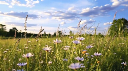 Serene Meadow with Wildflowers and Blue Sky