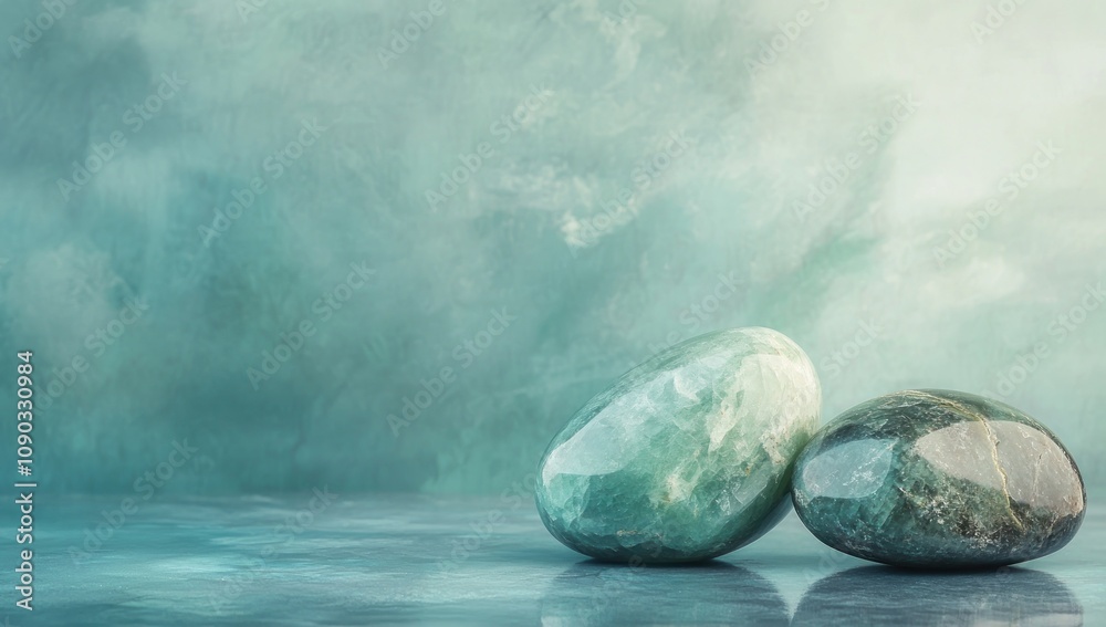 Poster Two smooth stones resting on a reflective surface with a soft, textured background.