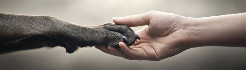 Obraz premium Gentle connection, a human hand nourishes dog's paw, symbolizing the loving bond between pets and their people