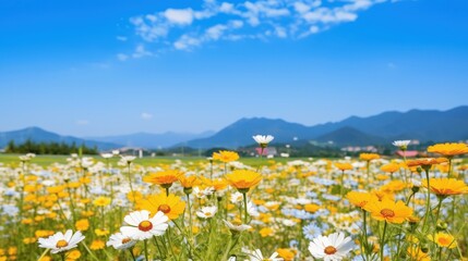 Bright Field of Colorful Wildflowers and Blue Sky