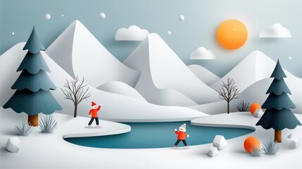 Obraz premium Serene winter landscape with skiers gliding down the snowy mountain slopes and a tranquil frozen lake under the clear sky Picturesque winter scenery with pine trees snow capped peaks