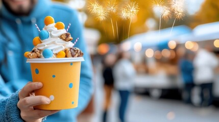 Naklejka premium Indulging in a Delectable Ice Cream Treat Amidst the Vibrant of Fireworks and Festivities A Moment of Joyous Bliss and Euphoric Delight Captured Under the Sparkling Night Sky