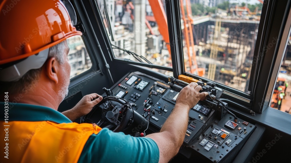 Poster A detailed view of a crane operator inside the cabin, wearing a hard hat and operating the controls, with a construction site visible through the window