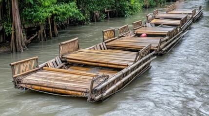 Serene Waterway with Traditional Bamboo Rafts Floating Calmly Amidst Lush Greenery in a Peaceful Tropical Environment