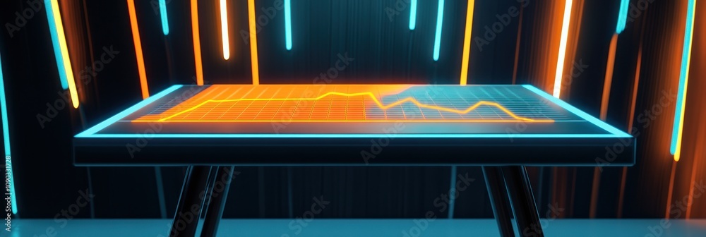 Poster A digital display table showing a fluctuating graph in a futuristic setting.