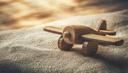 Vintage wooden toy airplane resting on textured fabric, evoking nostalgic childhood memories and dreams of adventure.