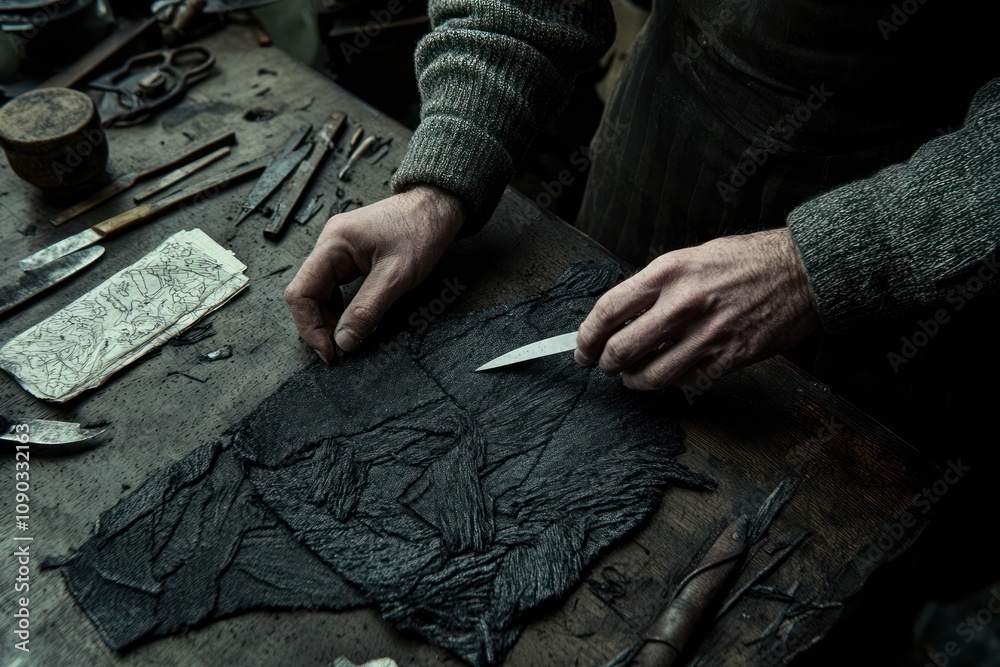 Poster a craftsman working with dark material on a wooden table, surrounded by tools and sketches.