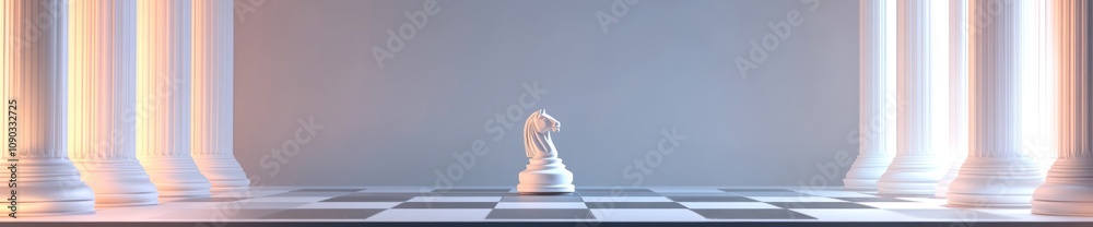 Poster a solitary chess knight on a checkered board, illuminated by soft light in a grand space.