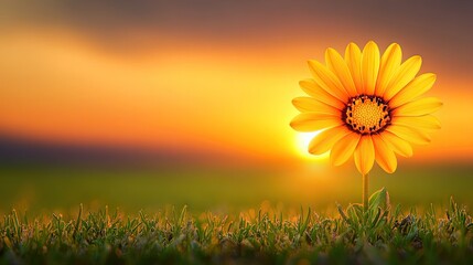 Bright Yellow Flower Standing Alone Against a Vibrant Sunset Sky with Colors Blending Together, Symbolizing Beauty and Nature in a Serene Landscape
